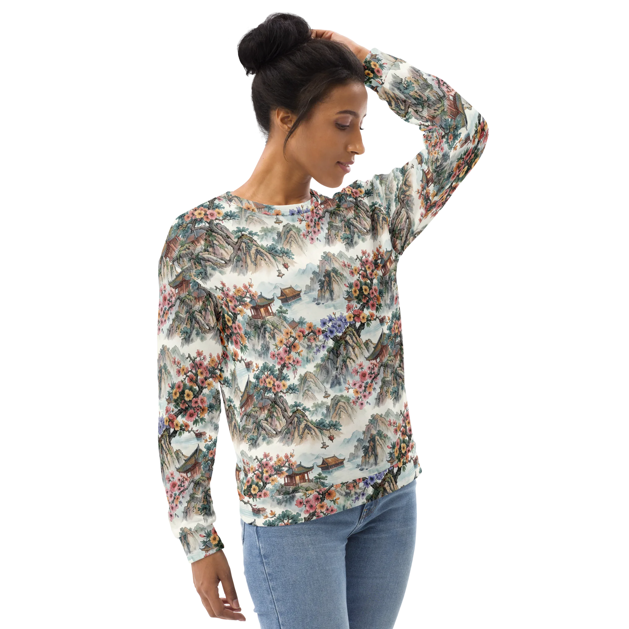 Jade Mountain Blossom on Sweatshirt — Right sleeve