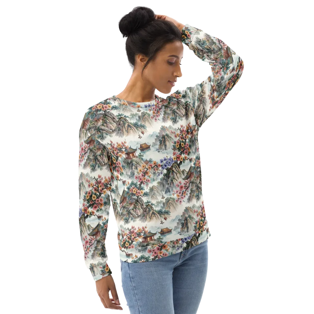 Jade Mountain Blossom on Sweatshirt — Right sleeve
