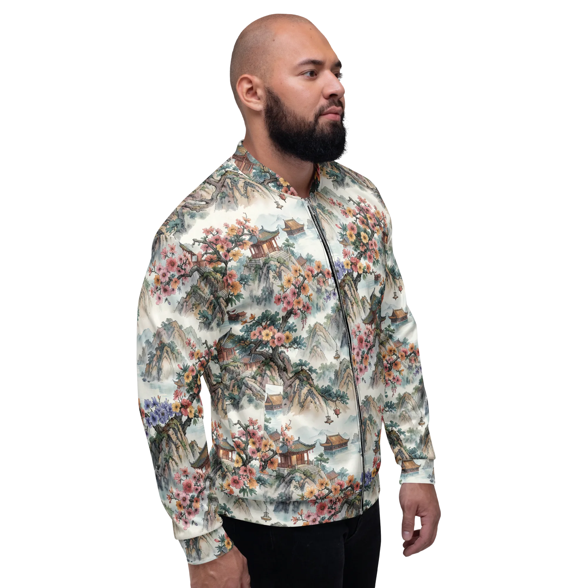 Jade Mountain Blossom on Bomber Jacket — Right sleeve