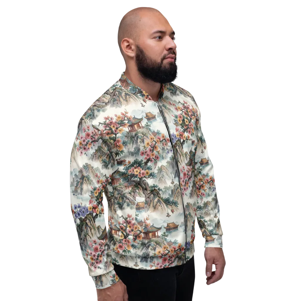 Jade Mountain Blossom on Bomber Jacket — Right sleeve