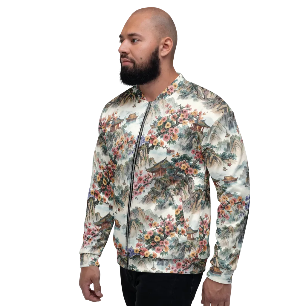 Jade Mountain Blossom on Bomber Jacket — Left