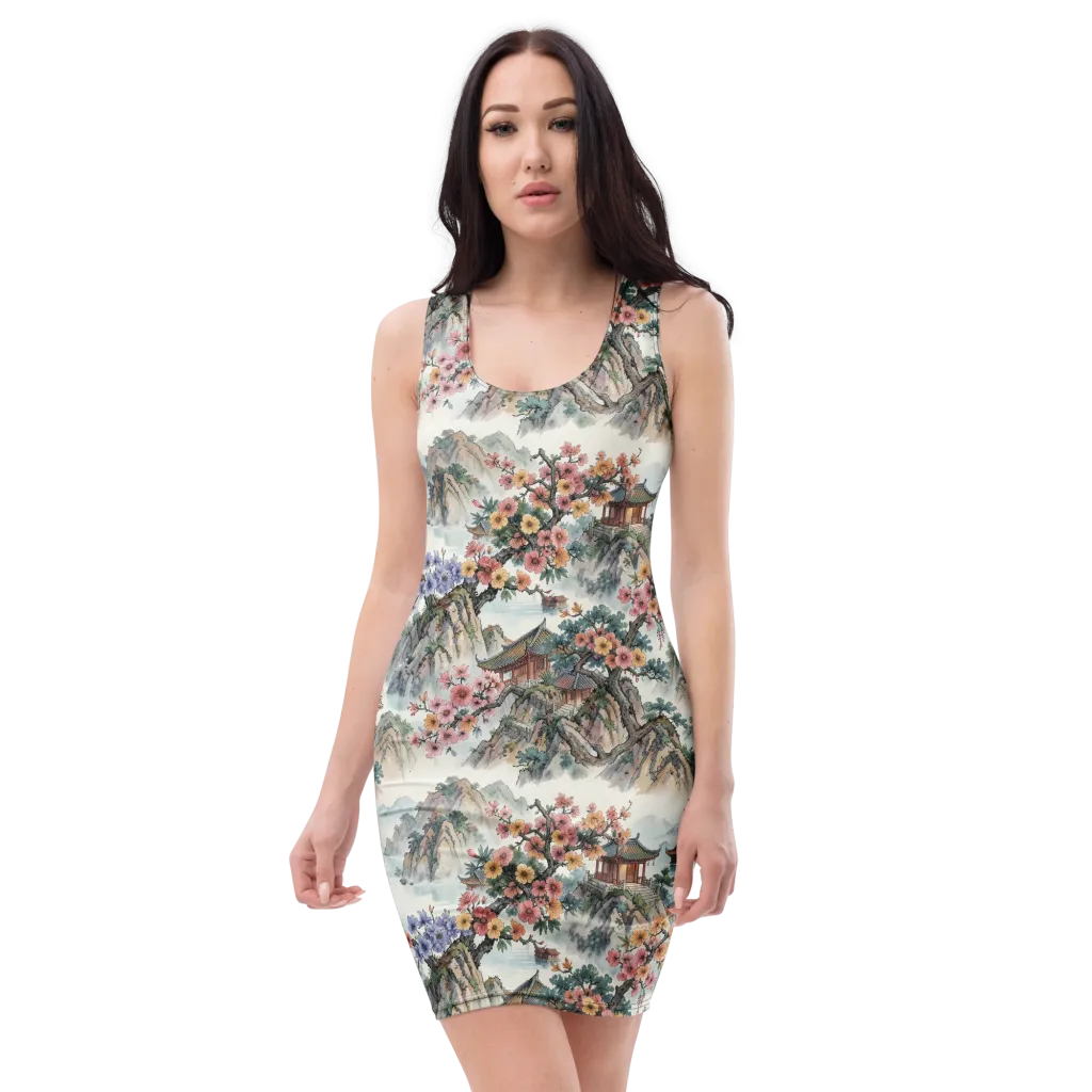 Jade Mountain Blossom on Bodycon Dress — Front