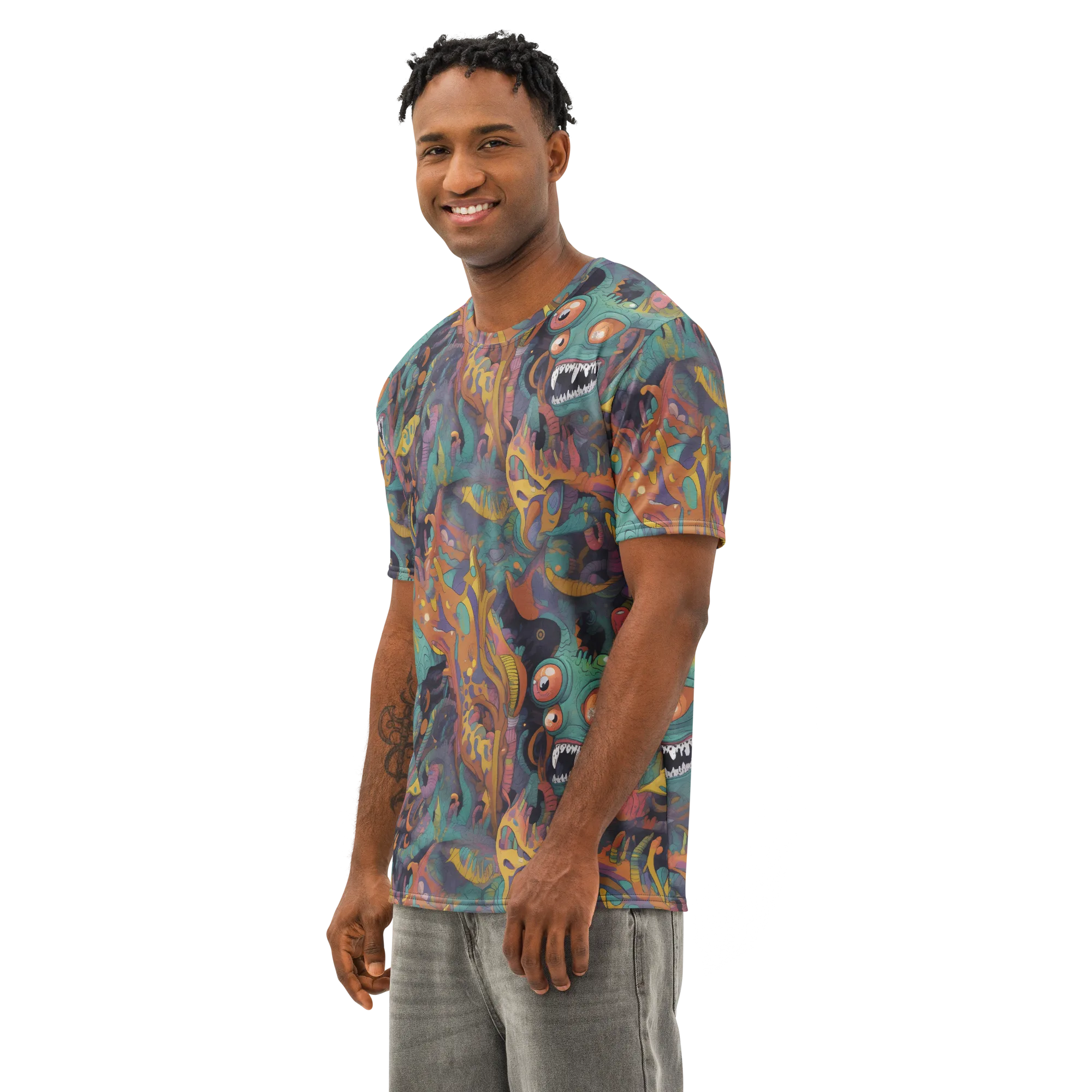 Neon Menagerie on Men's Cotton Crew Neck T-Shirt — Left Front