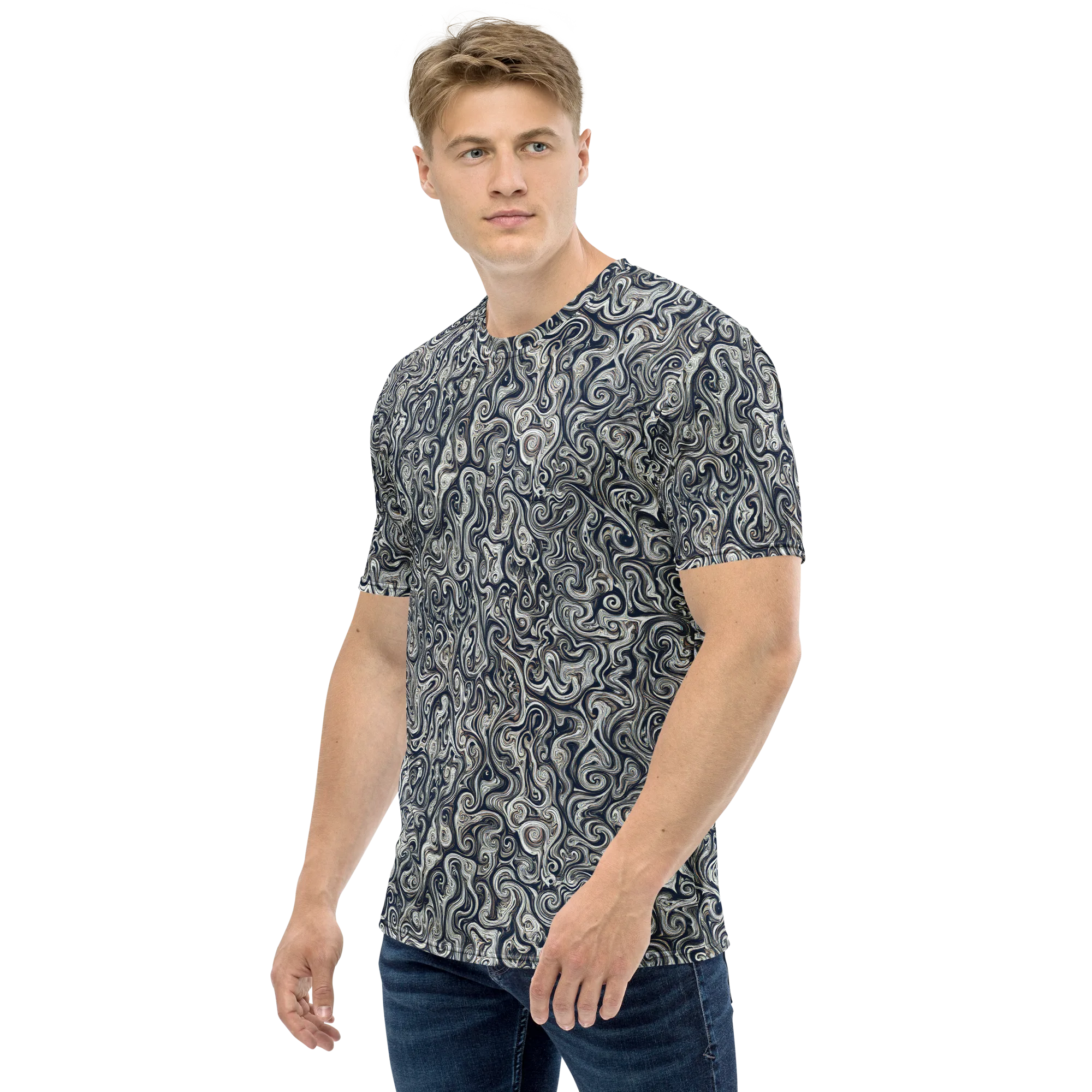 Midnight Marbling on Men's Crew Neck T-Shirt — Left sleeve
