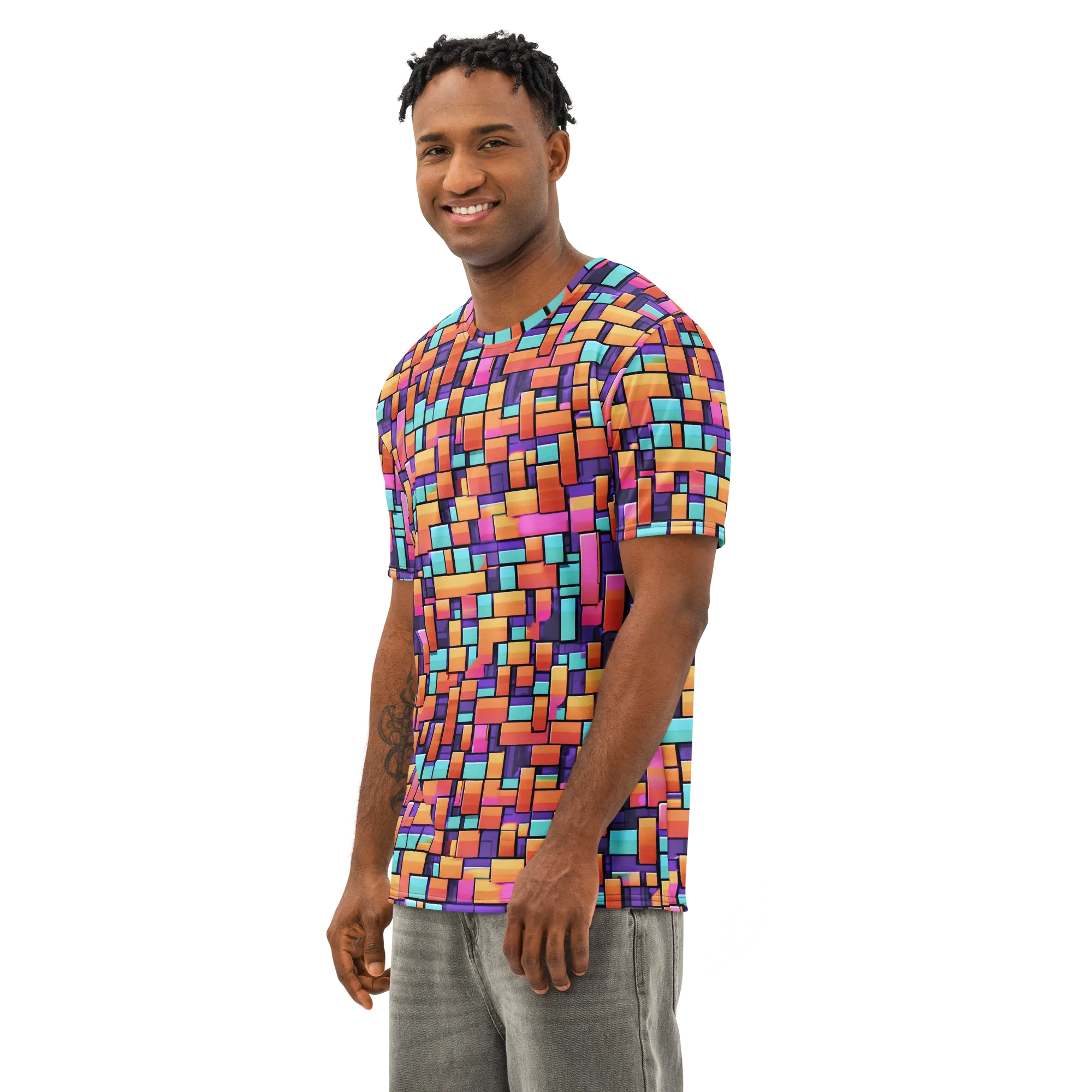 Neon Brickwork on Men's Cotton Crew Neck T-Shirt — Left Front