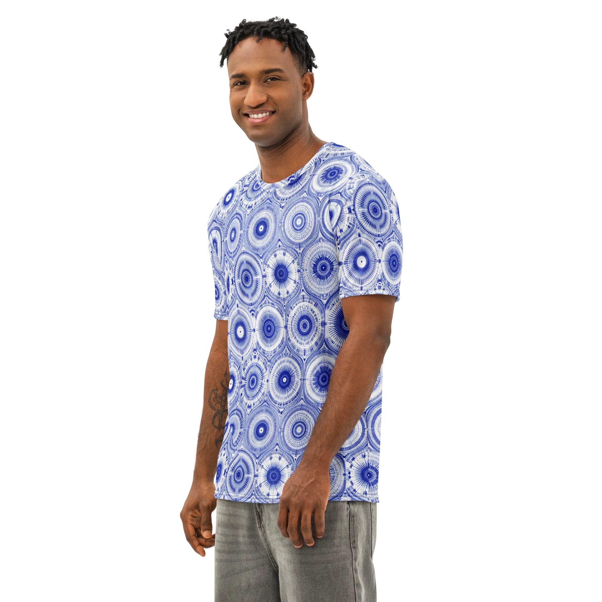 Indigo Circuit on Men's Cotton Crew Neck T-Shirt — Left Front