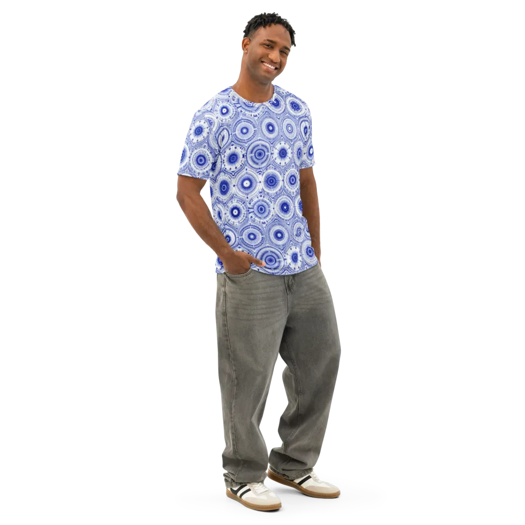 Indigo Circuit on Men's Cotton Crew Neck T-Shirt — Right Front