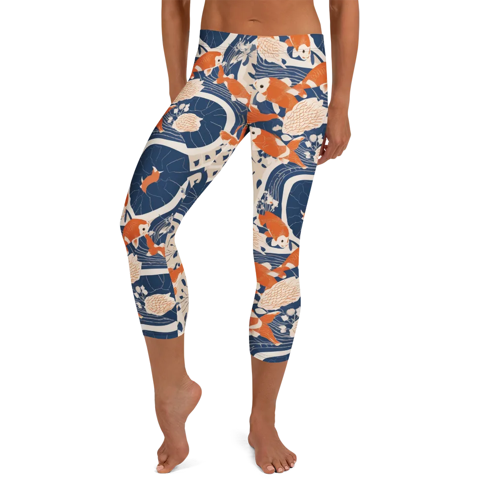 Indigo Koi Garden on Capri Leggings — Front