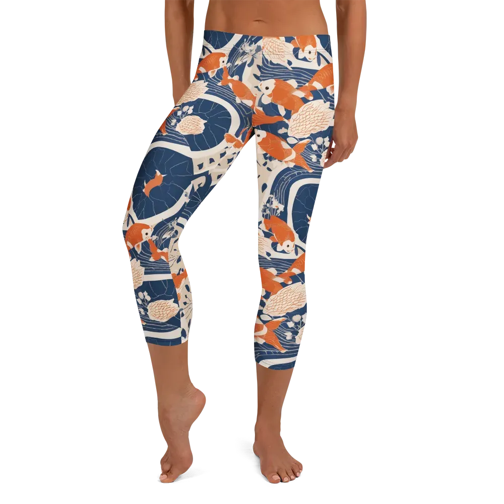 Indigo Koi Garden on Capri Leggings — Front