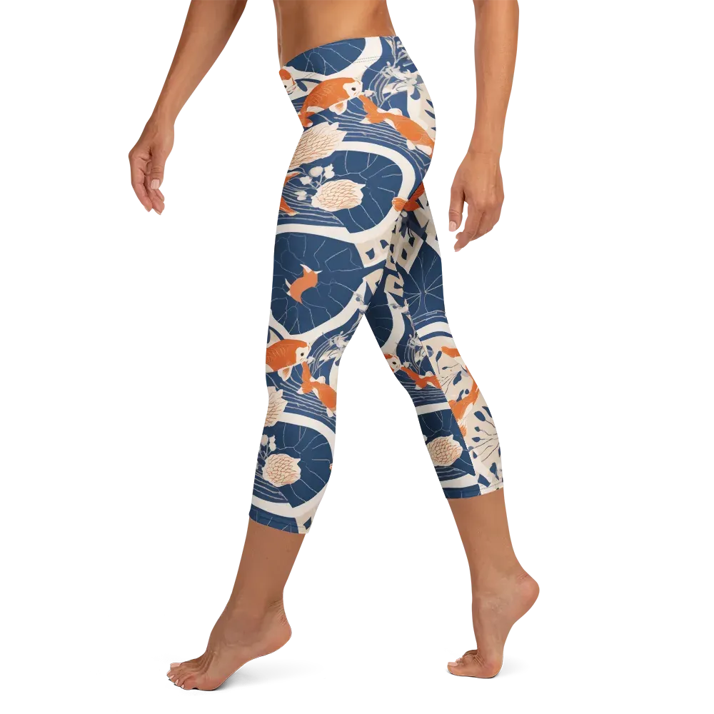 Indigo Koi Garden on Capri Leggings — Left