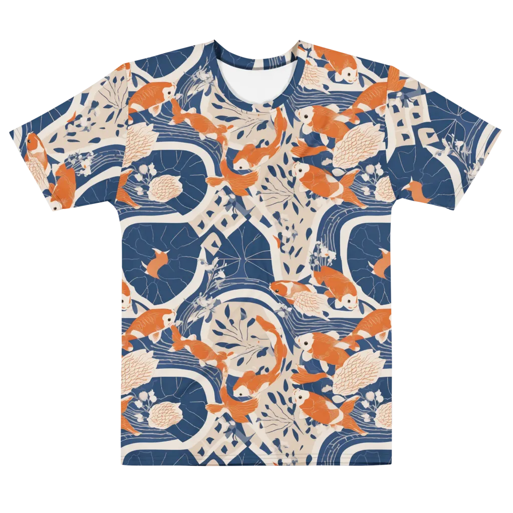 Indigo Koi Garden on Men's Cotton Crew Neck T-Shirt — Front print