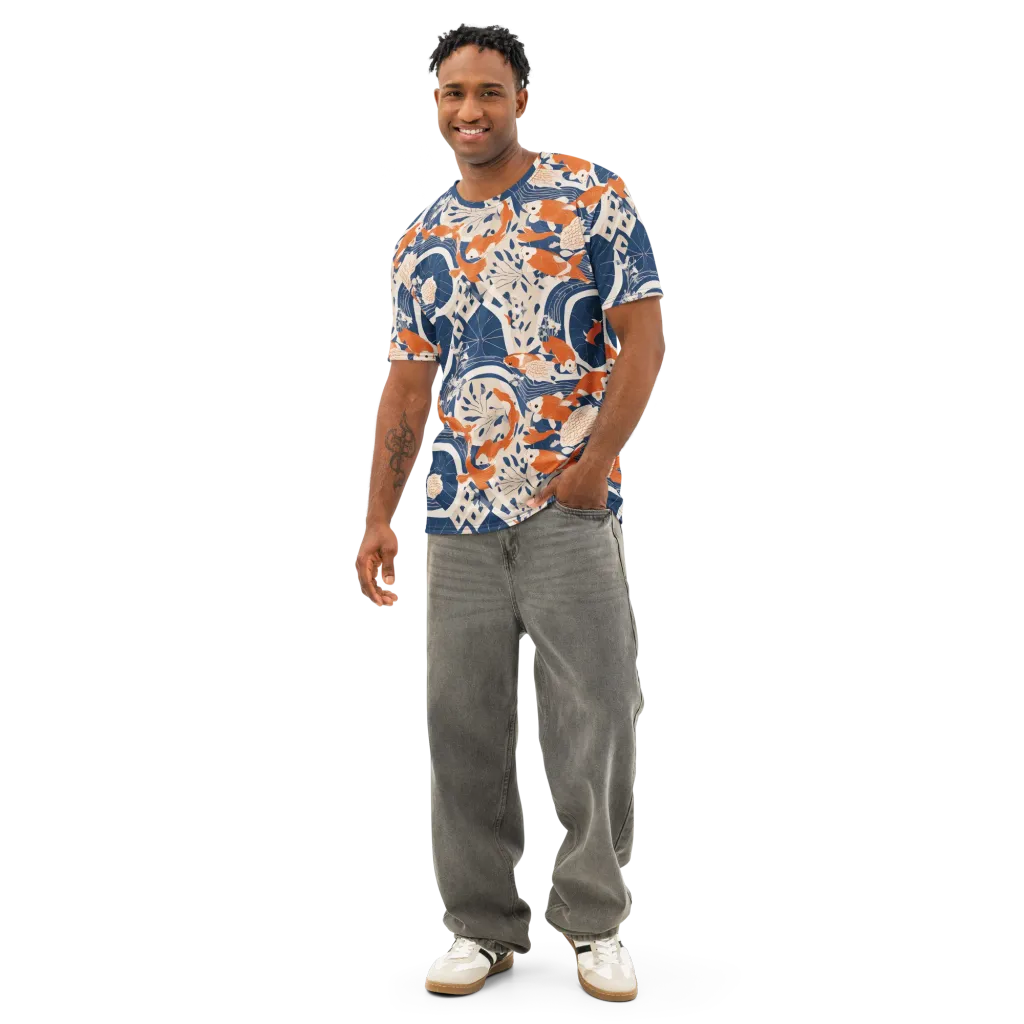 Indigo Koi Garden on Men's Cotton Crew Neck T-Shirt — Front