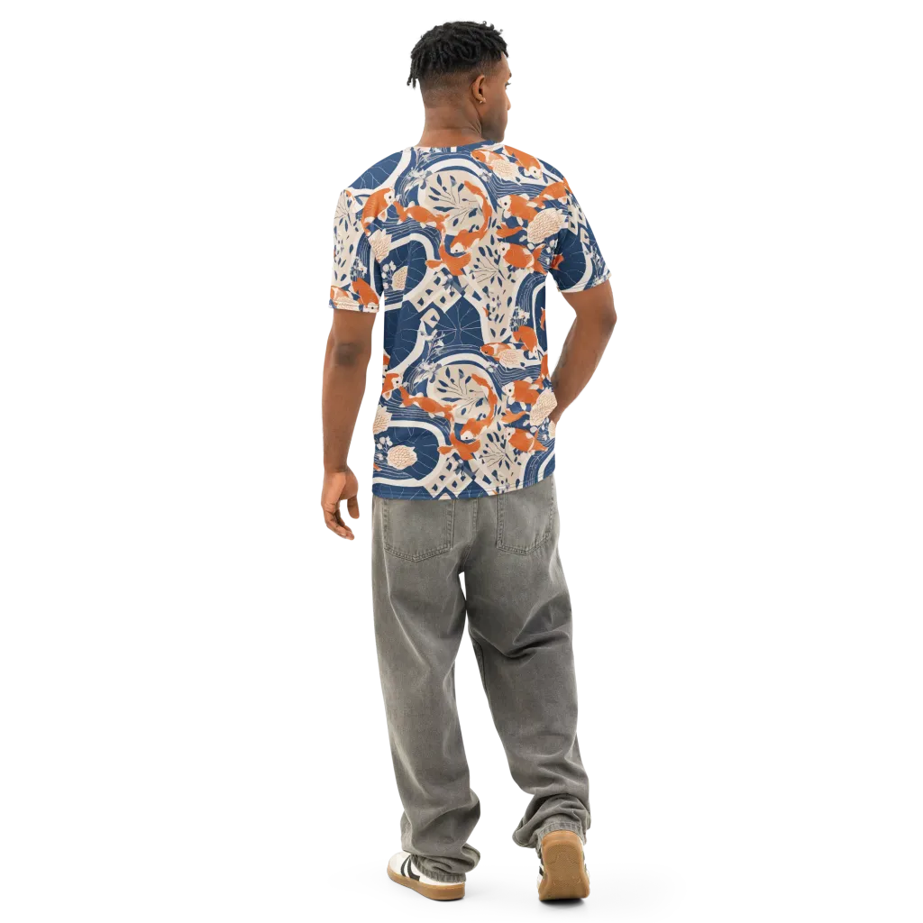 Indigo Koi Garden on Men's Cotton Crew Neck T-Shirt — Back