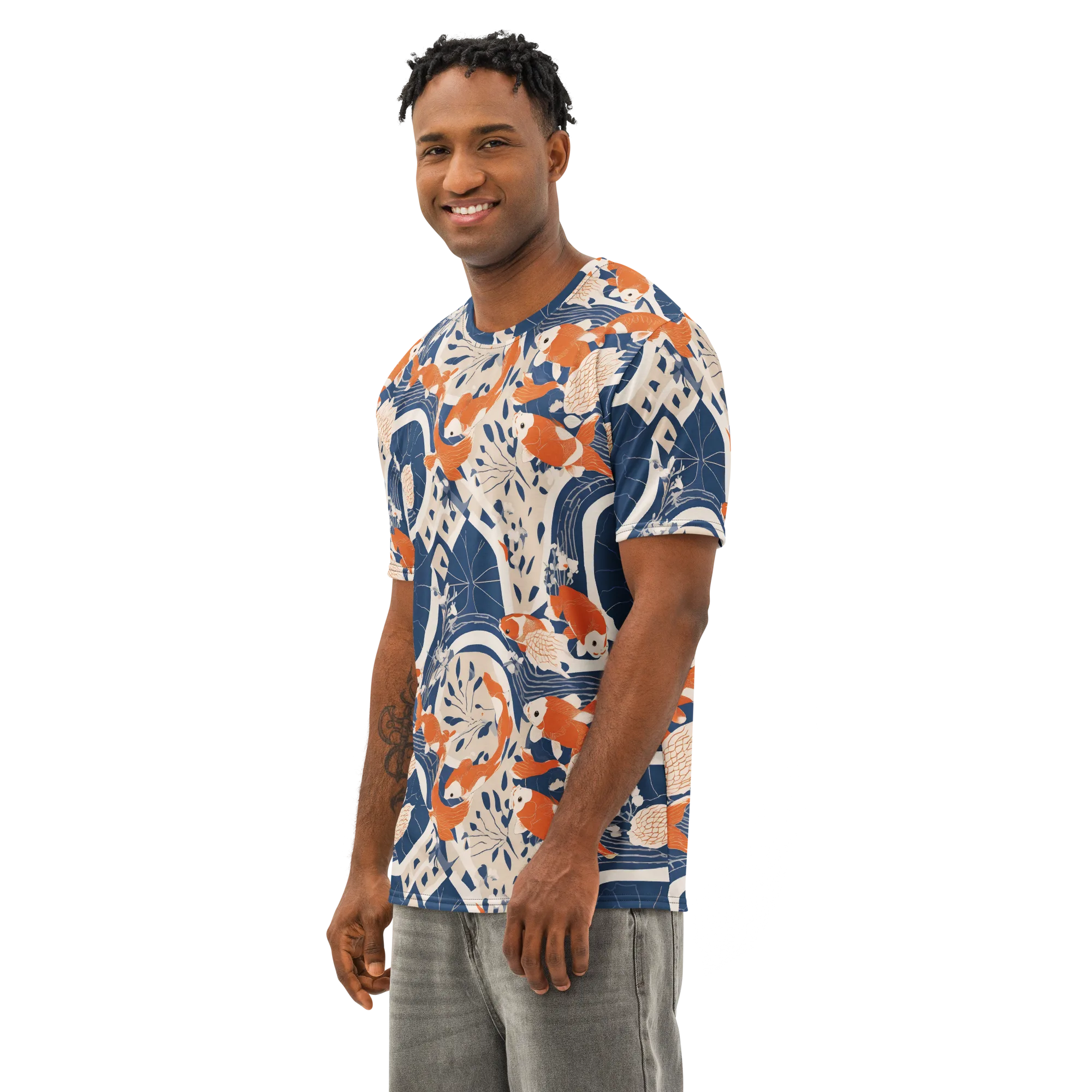 Indigo Koi Garden on Men's Cotton Crew Neck T-Shirt — Left Front