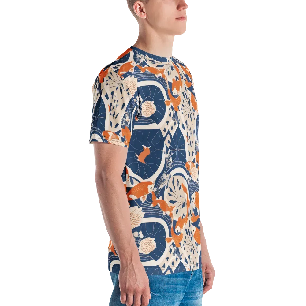 Indigo Koi Garden on Men's Crew Neck T-Shirt — Right
