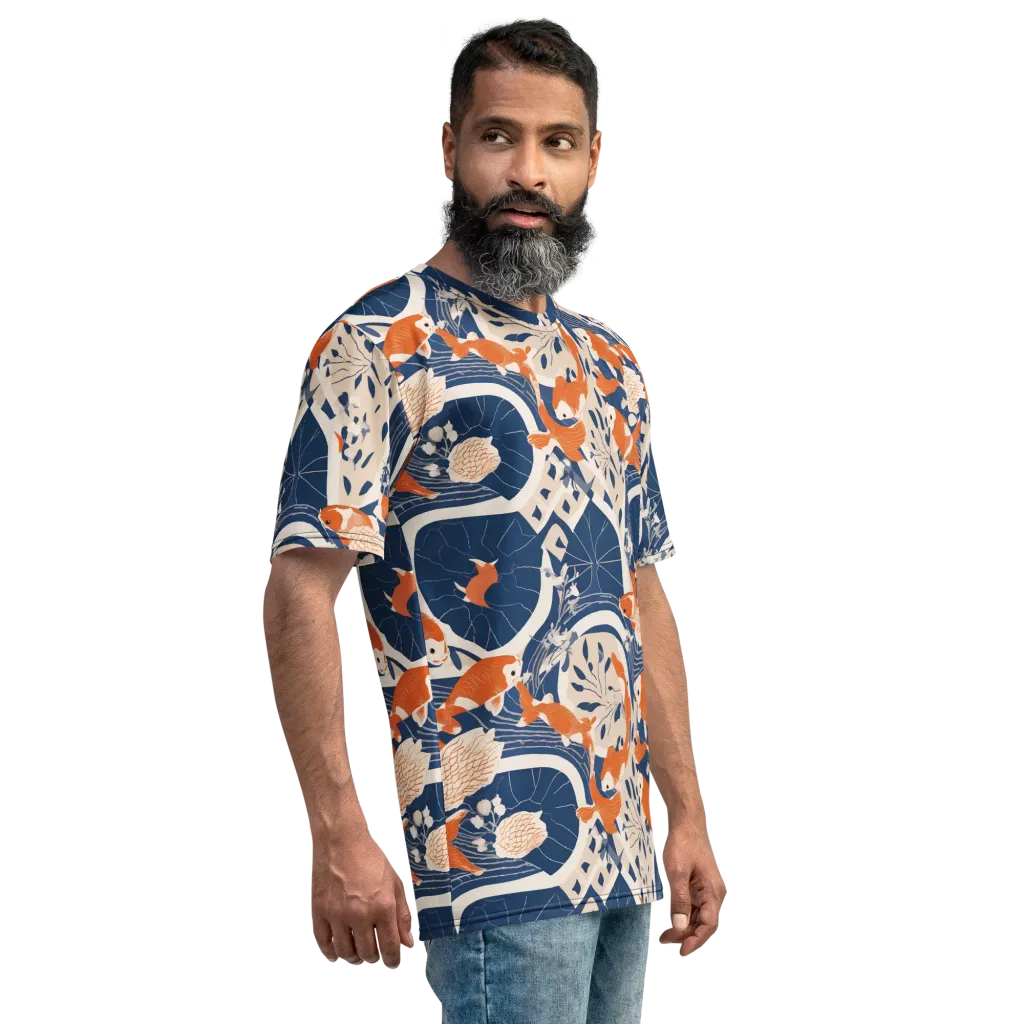 Indigo Koi Garden on Men's Crew Neck T-Shirt — Right sleeve