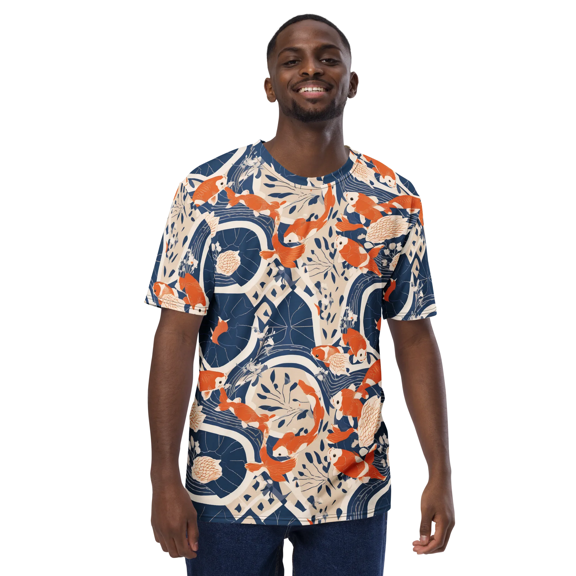 Indigo Koi Garden on Men's Crew Neck T-Shirt — Front print