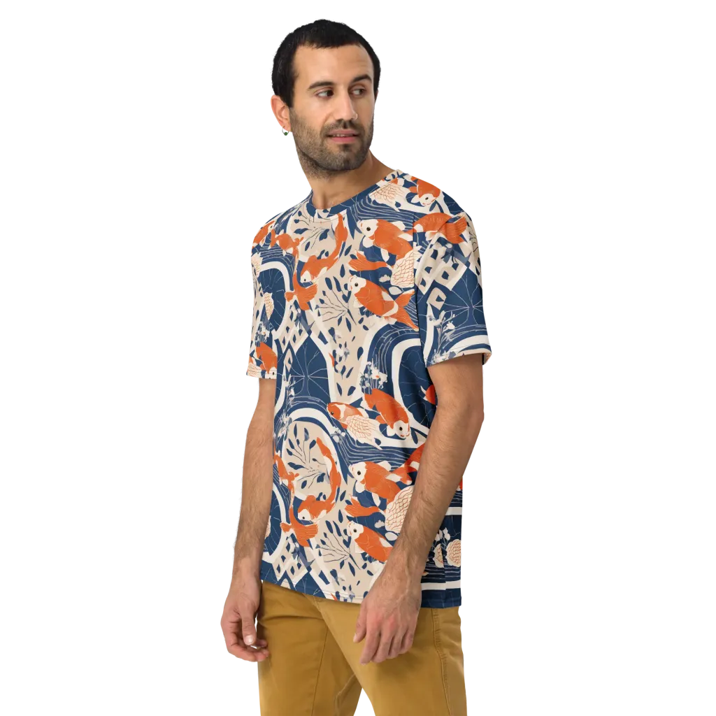 Indigo Koi Garden on Men's Crew Neck T-Shirt — Left sleeve