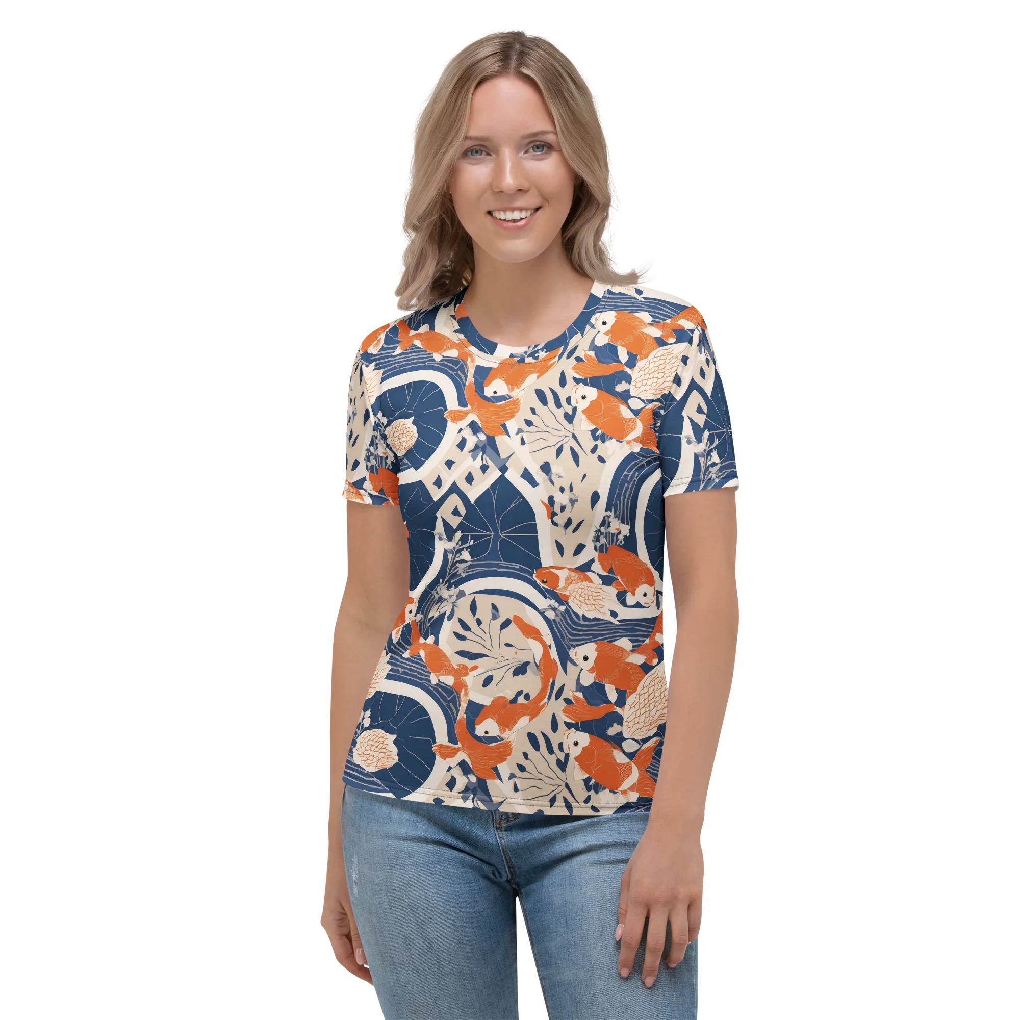 Indigo Koi Garden on Women's Crew Neck T-Shirt — Front