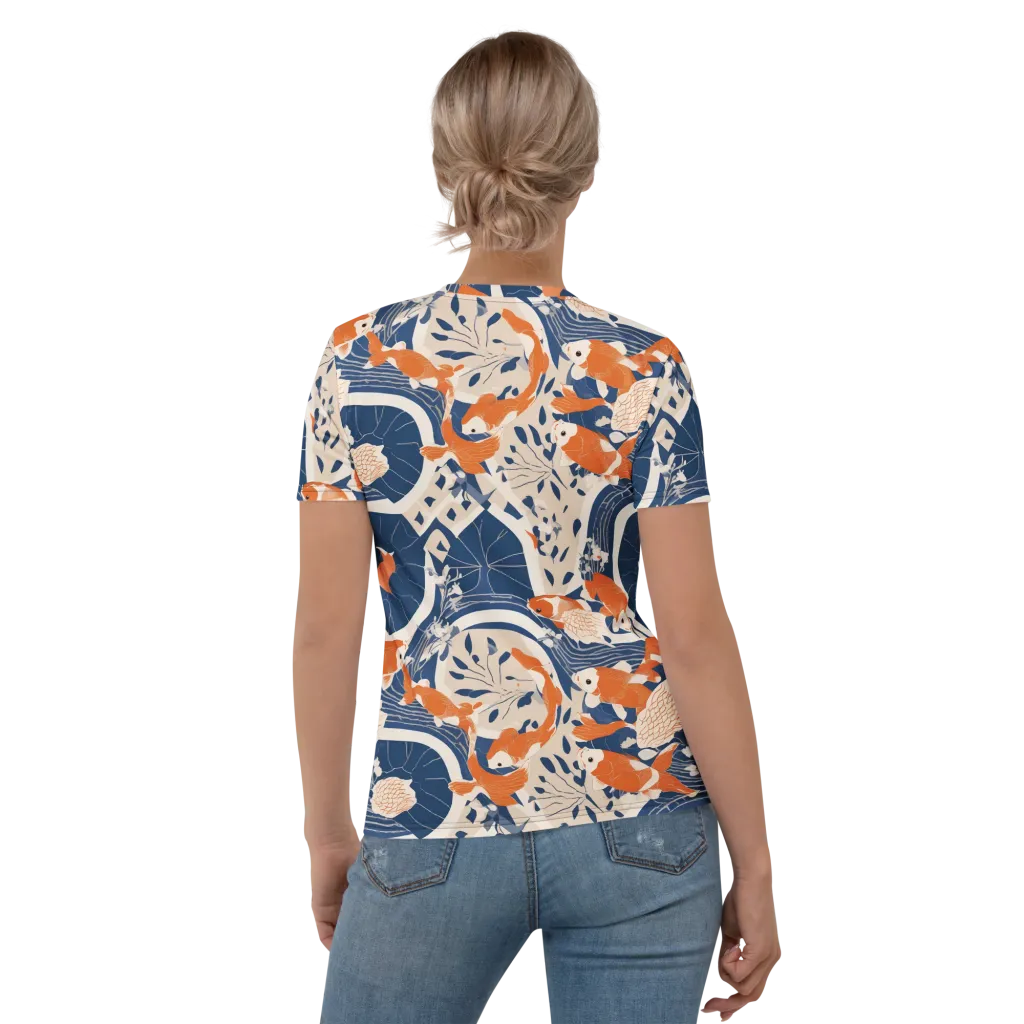 Indigo Koi Garden on Women's Crew Neck T-Shirt — Back