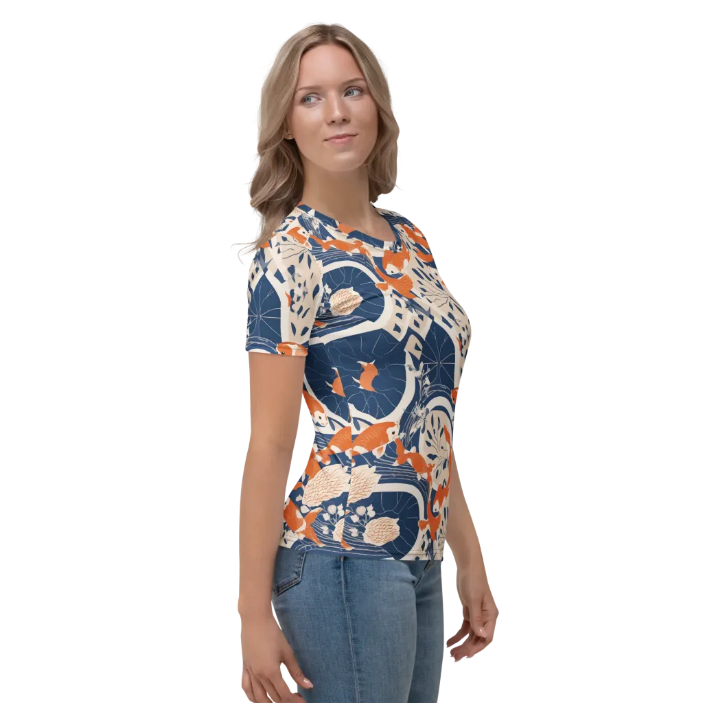Indigo Koi Garden on Women's Crew Neck T-Shirt — Right sleeve