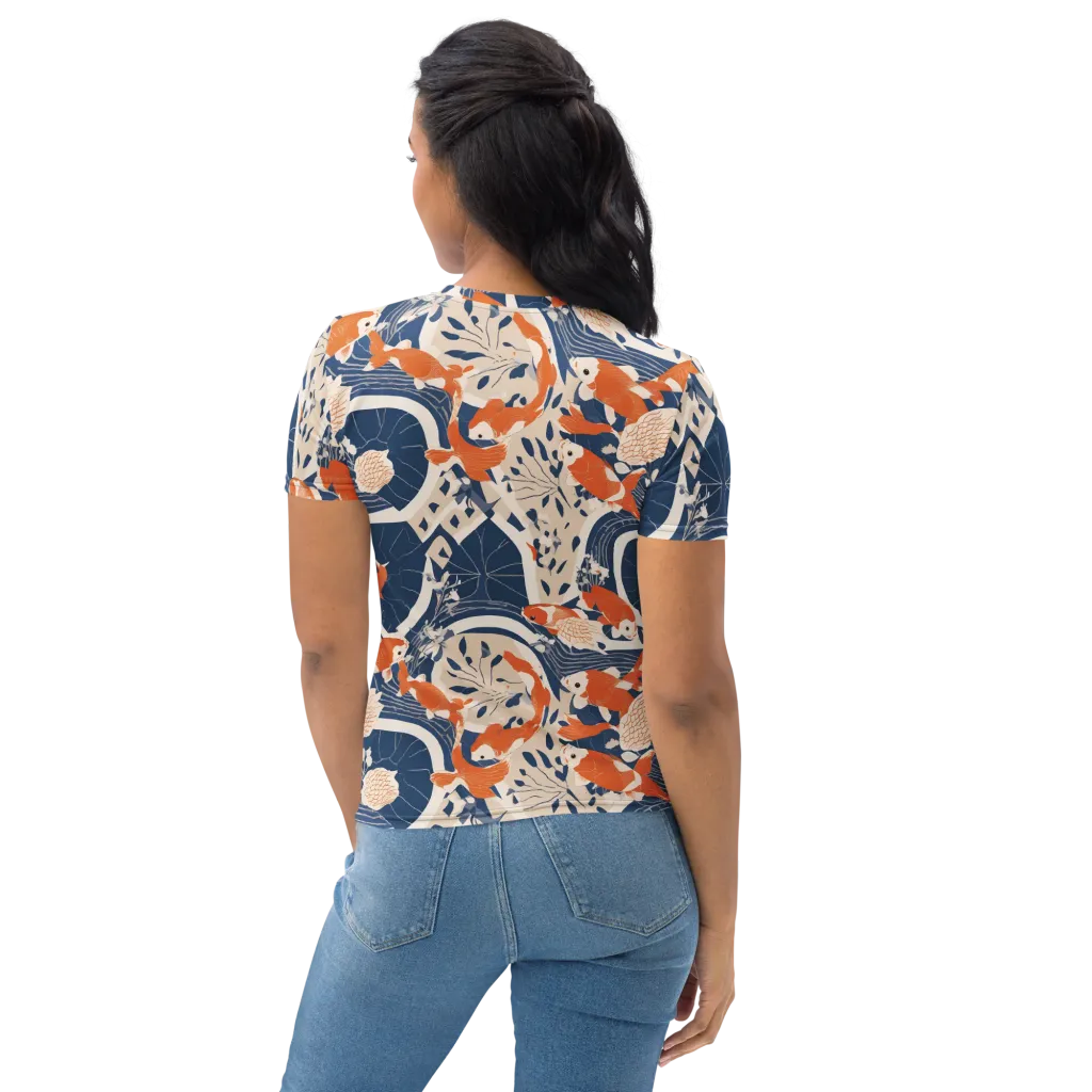 Indigo Koi Garden on Women's Crew Neck T-Shirt — Back print