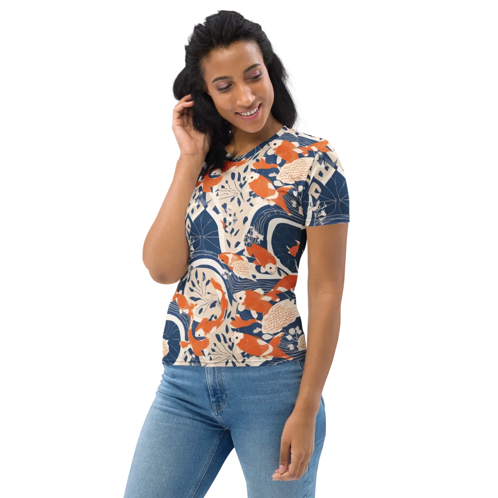 Indigo Koi Garden on Women's Crew Neck T-Shirt — Left sleeve