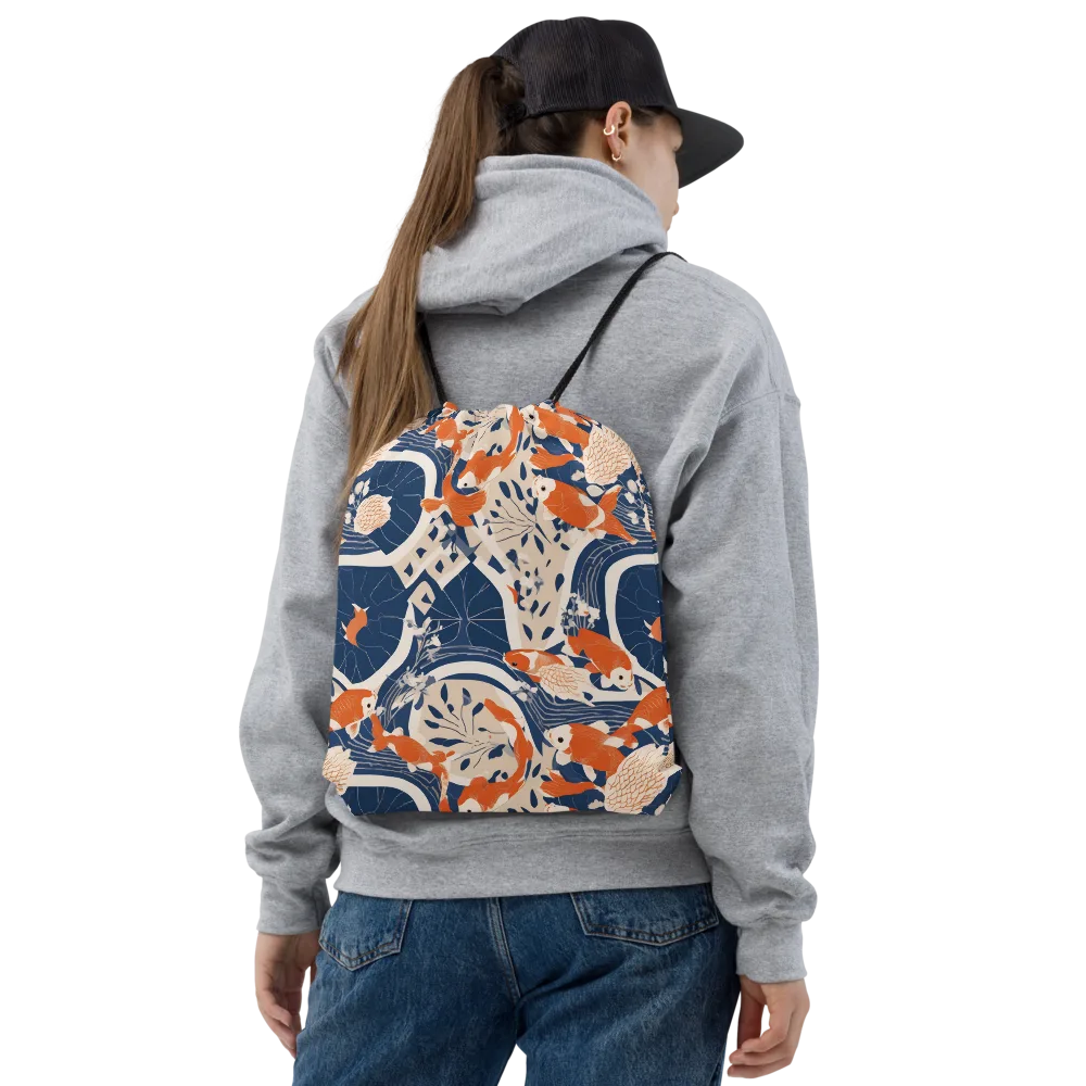 Indigo Koi Garden on Drawstring Bag — Front