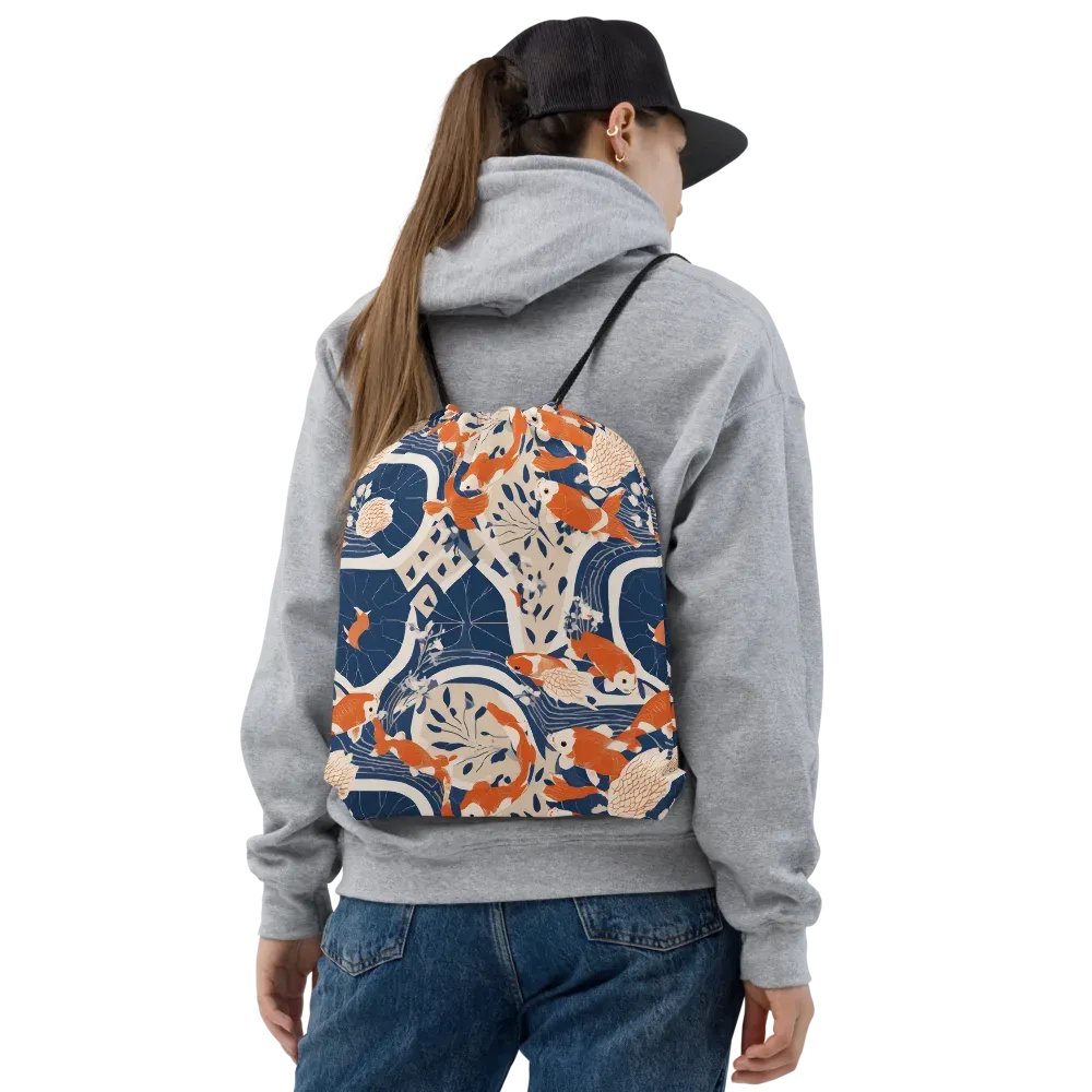 Indigo Koi Garden on Drawstring Bag — Front