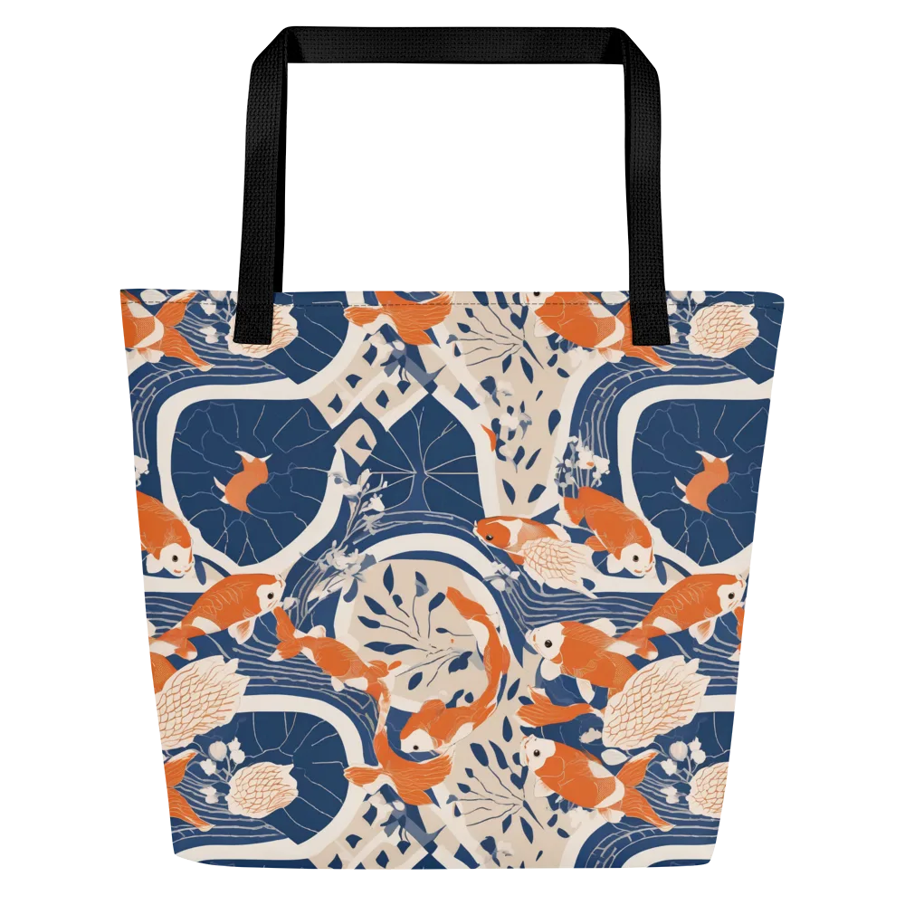 Indigo Koi Garden on Large Tote Bag W/ Pocket — Front