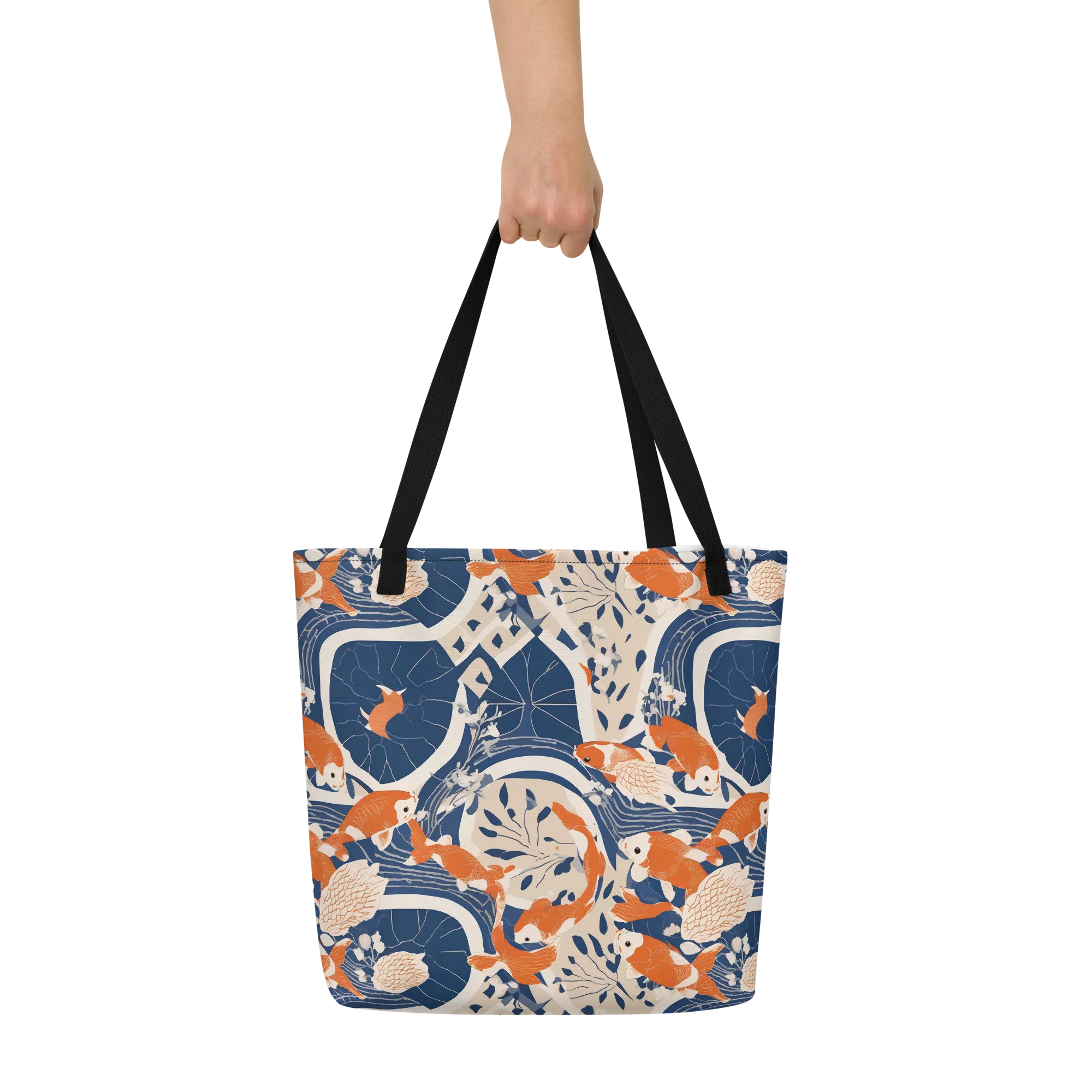Indigo Koi Garden on Large Tote Bag W/ Pocket — Print file