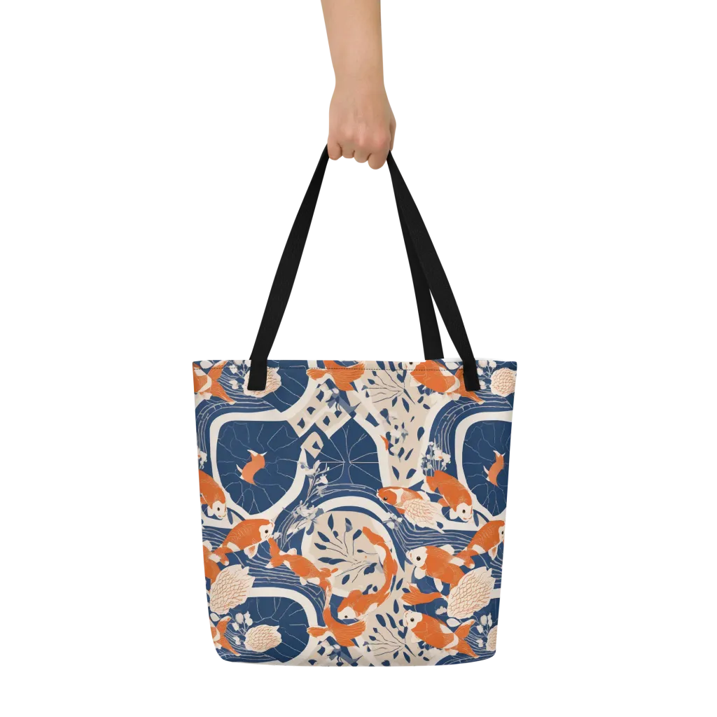 Indigo Koi Garden on Large Tote Bag W/ Pocket — Print file