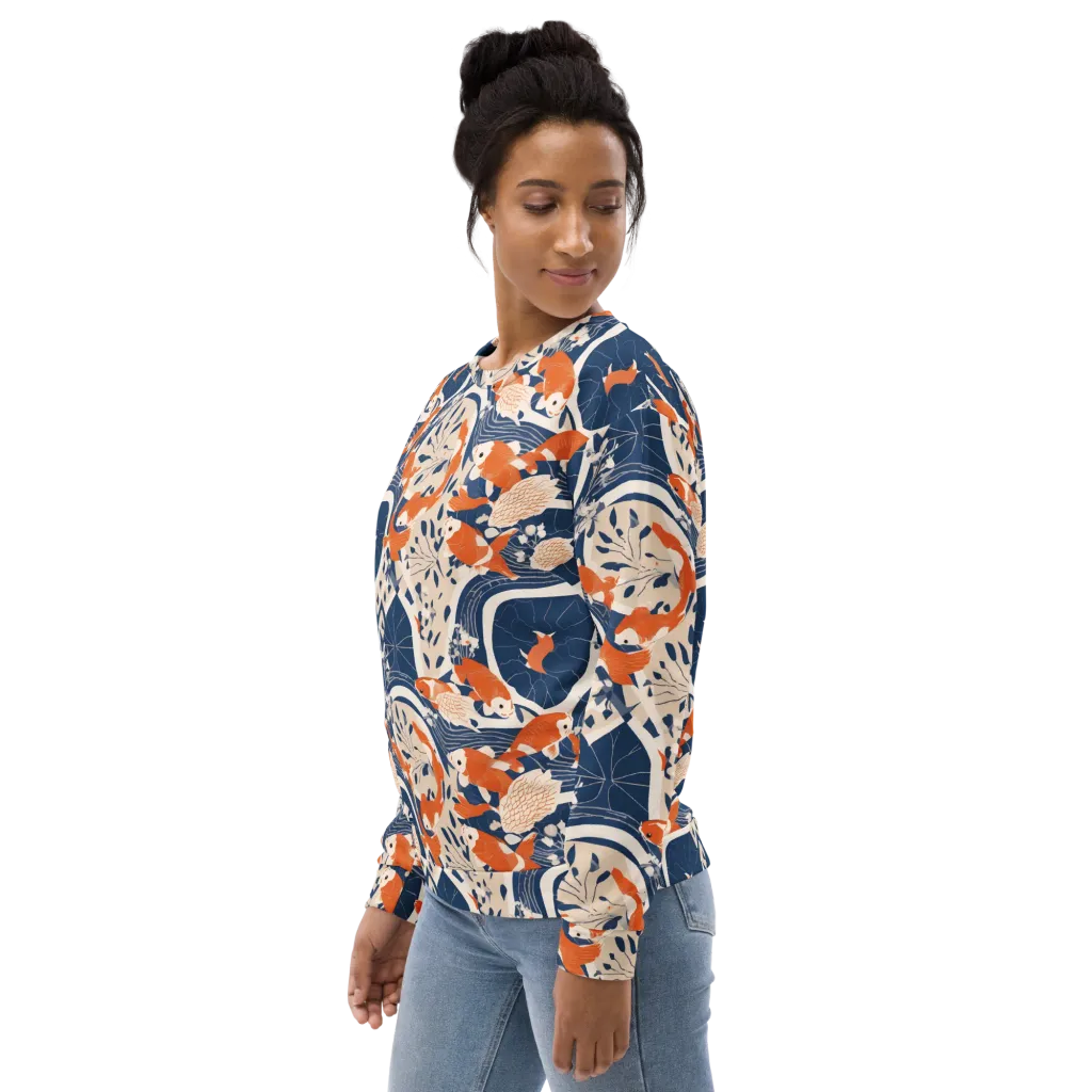 Indigo Koi Garden on Sweatshirt — Left sleeve