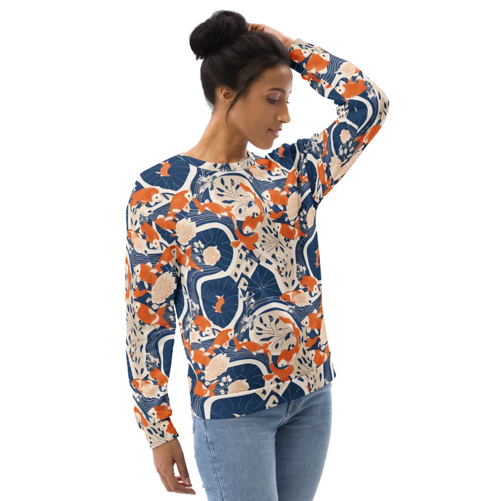 Indigo Koi Garden on Sweatshirt — Right sleeve