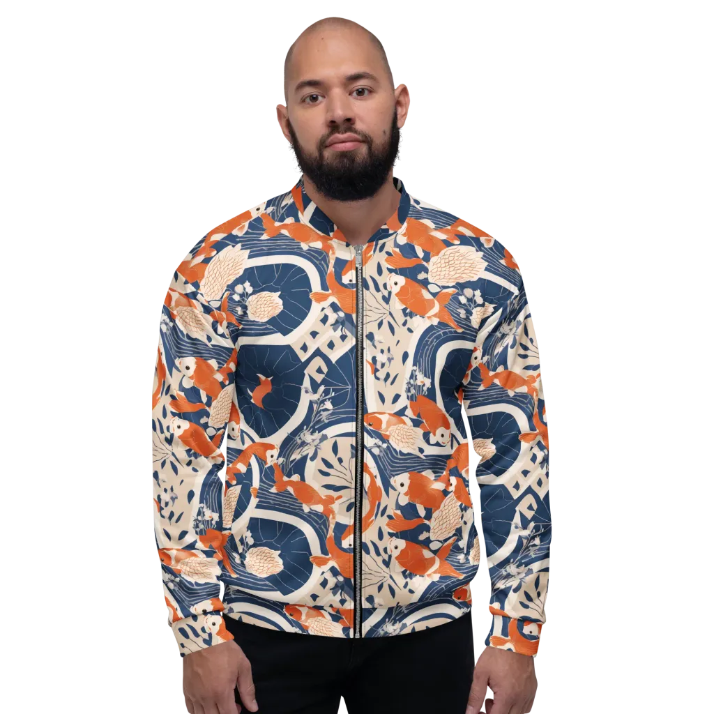Indigo Koi Garden on Bomber Jacket — Front