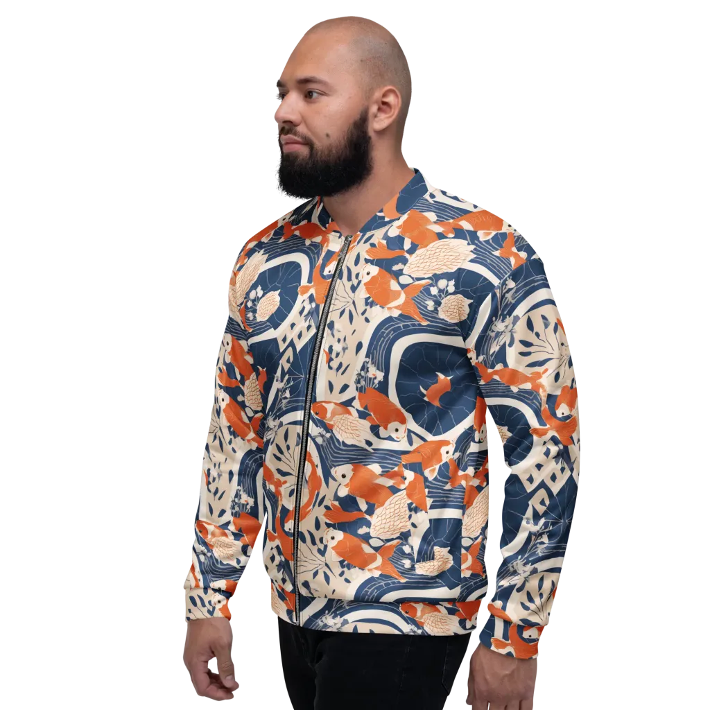 Indigo Koi Garden on Bomber Jacket — Left