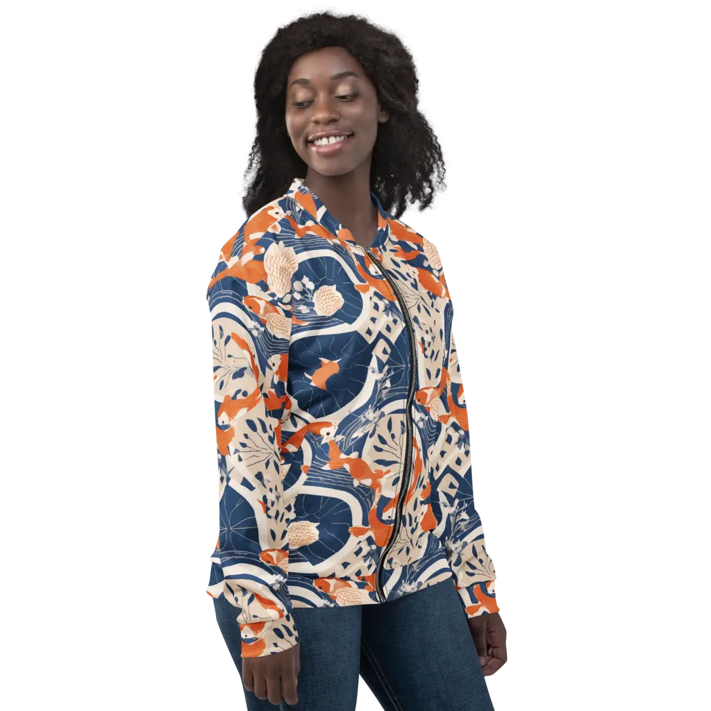 Indigo Koi Garden on Bomber Jacket — Right sleeve