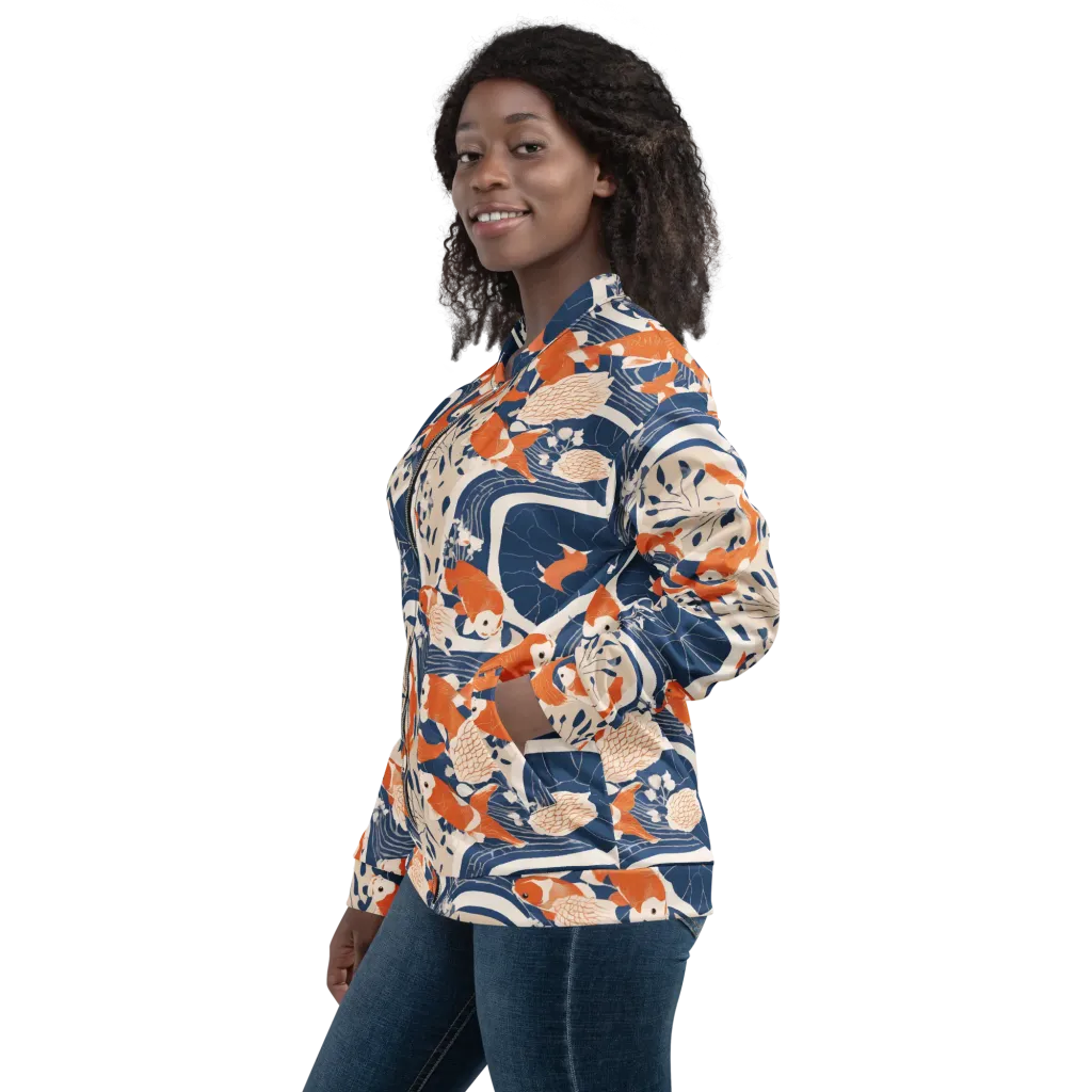 Indigo Koi Garden on Bomber Jacket — Left sleeve