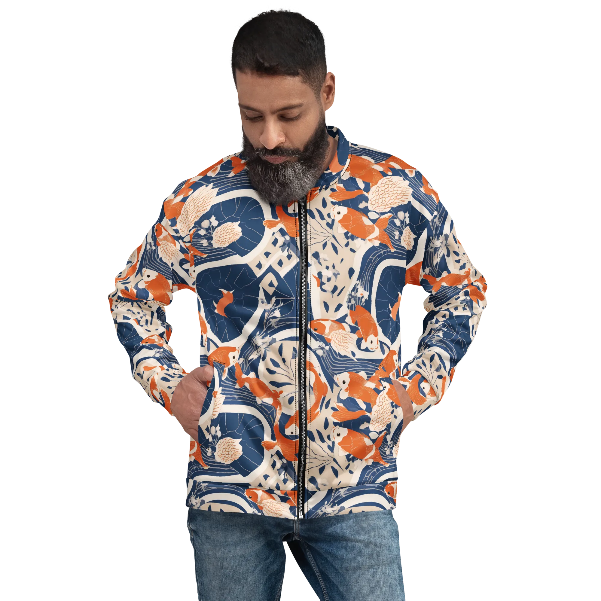 Indigo Koi Garden on Bomber Jacket — Front print