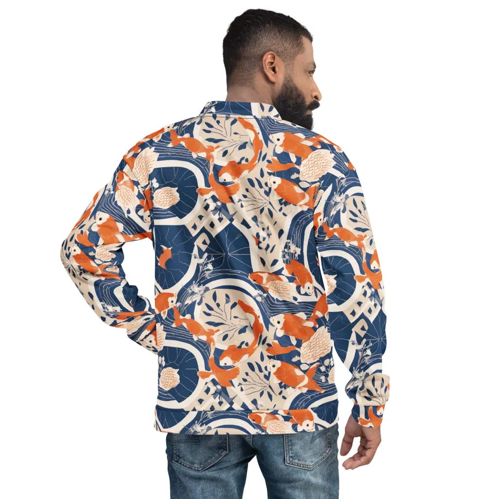 Indigo Koi Garden on Bomber Jacket — Back print