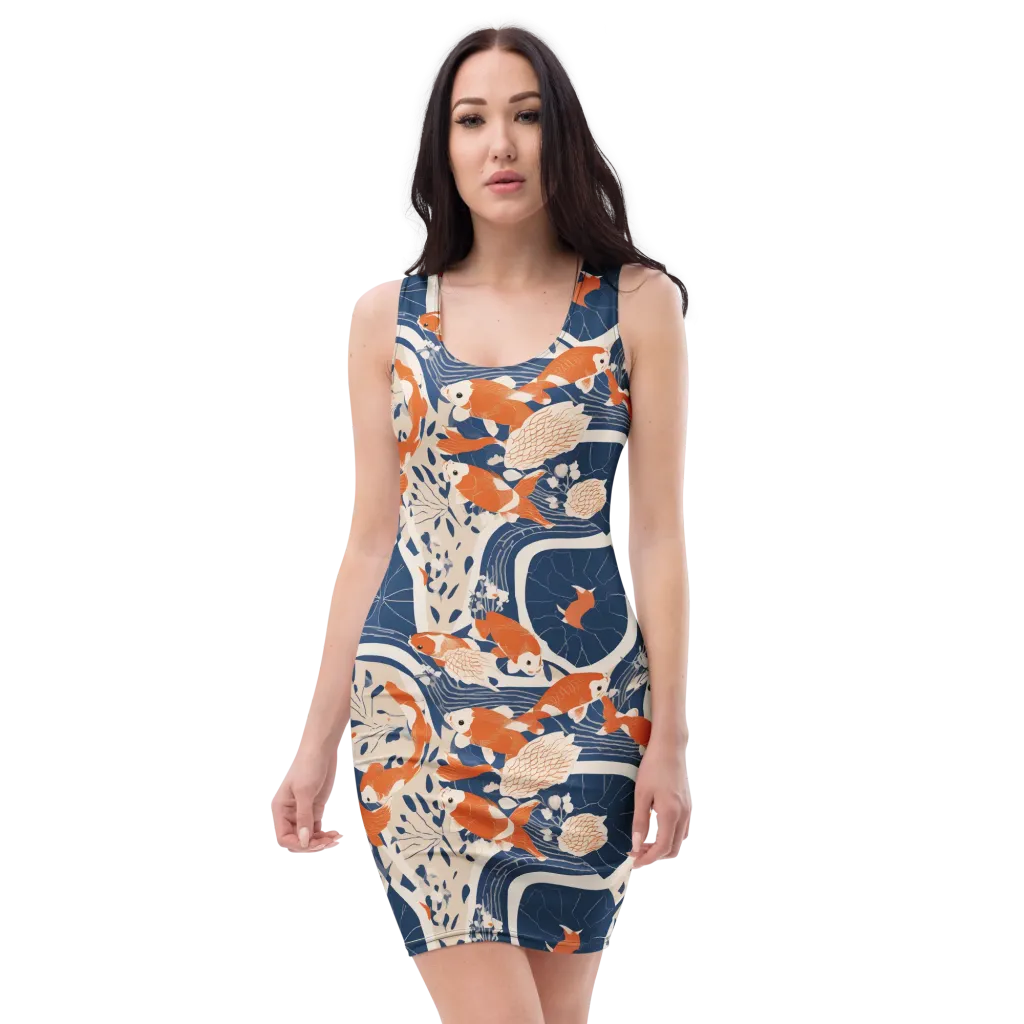 Indigo Koi Garden on Bodycon Dress — Front
