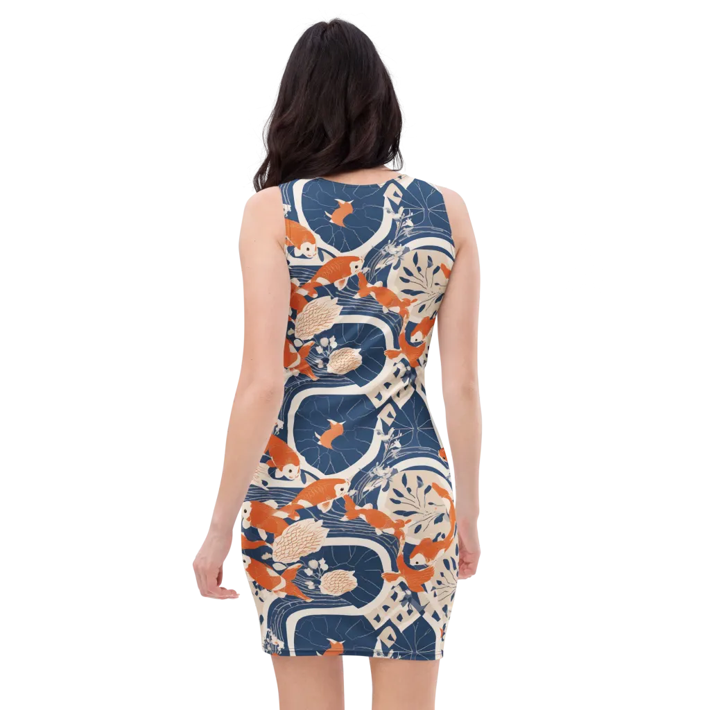 Indigo Koi Garden on Bodycon Dress — Back