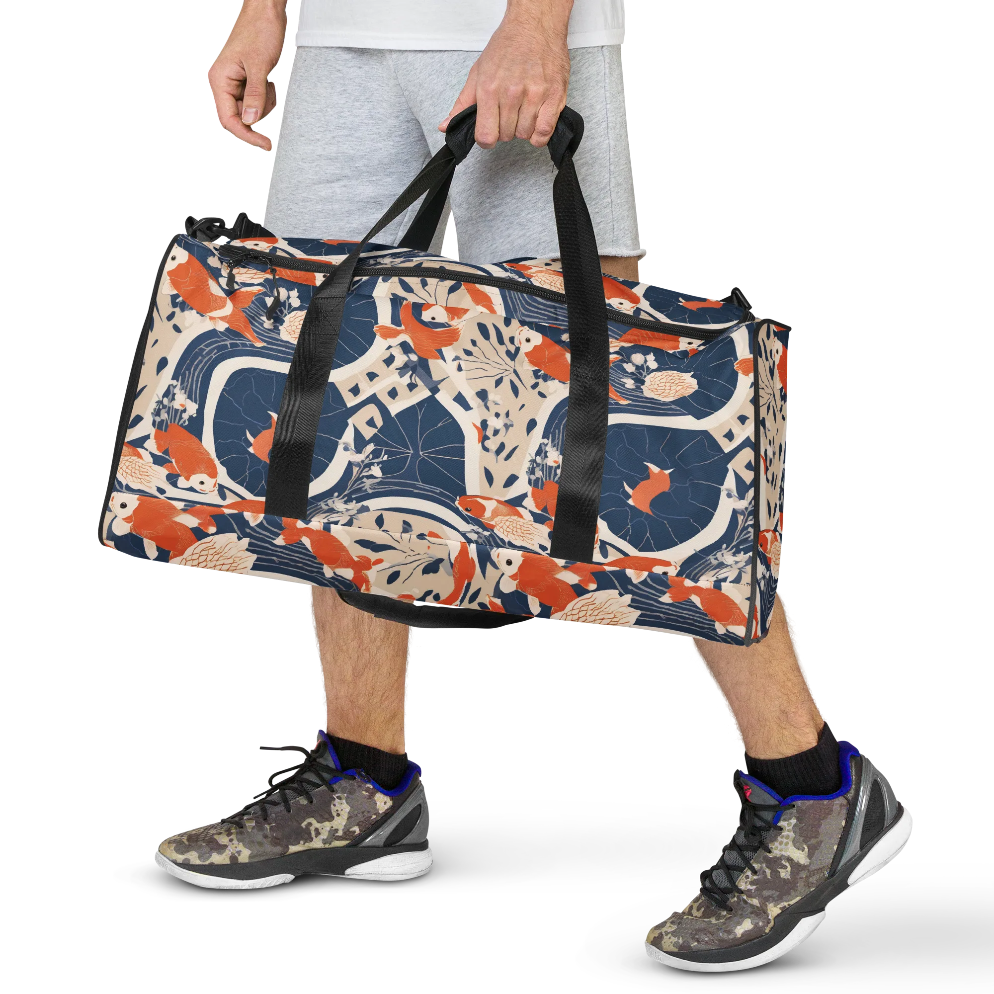 Indigo Koi Garden on Duffle Bag — Front print