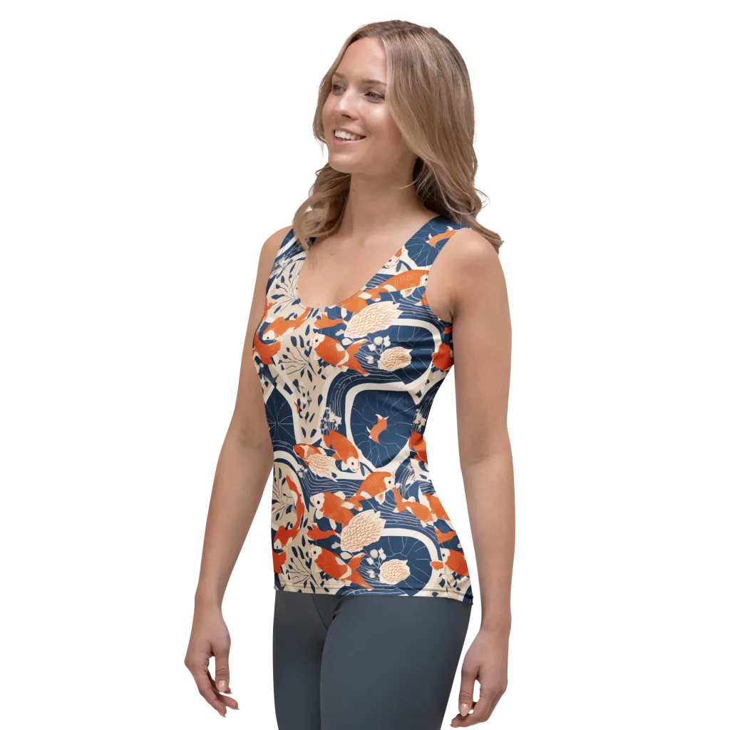 Indigo Koi Garden on Women's Tank Top — Left Front