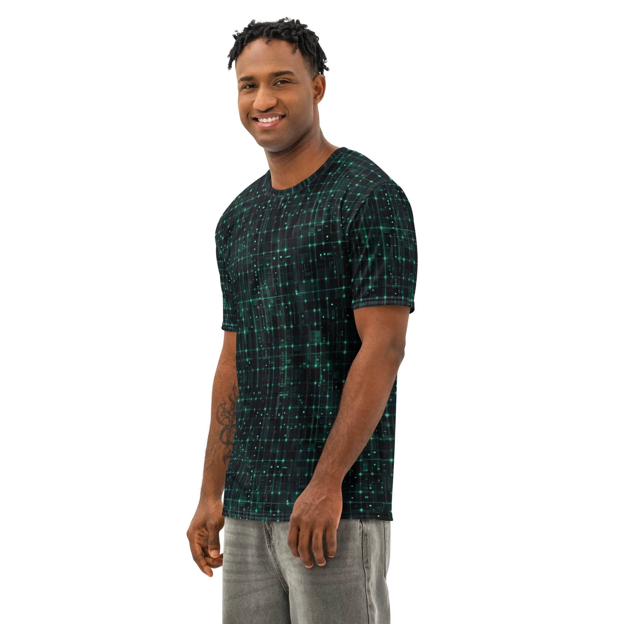 Neon Matrix on Men's Cotton Crew Neck T-Shirt — Left Front