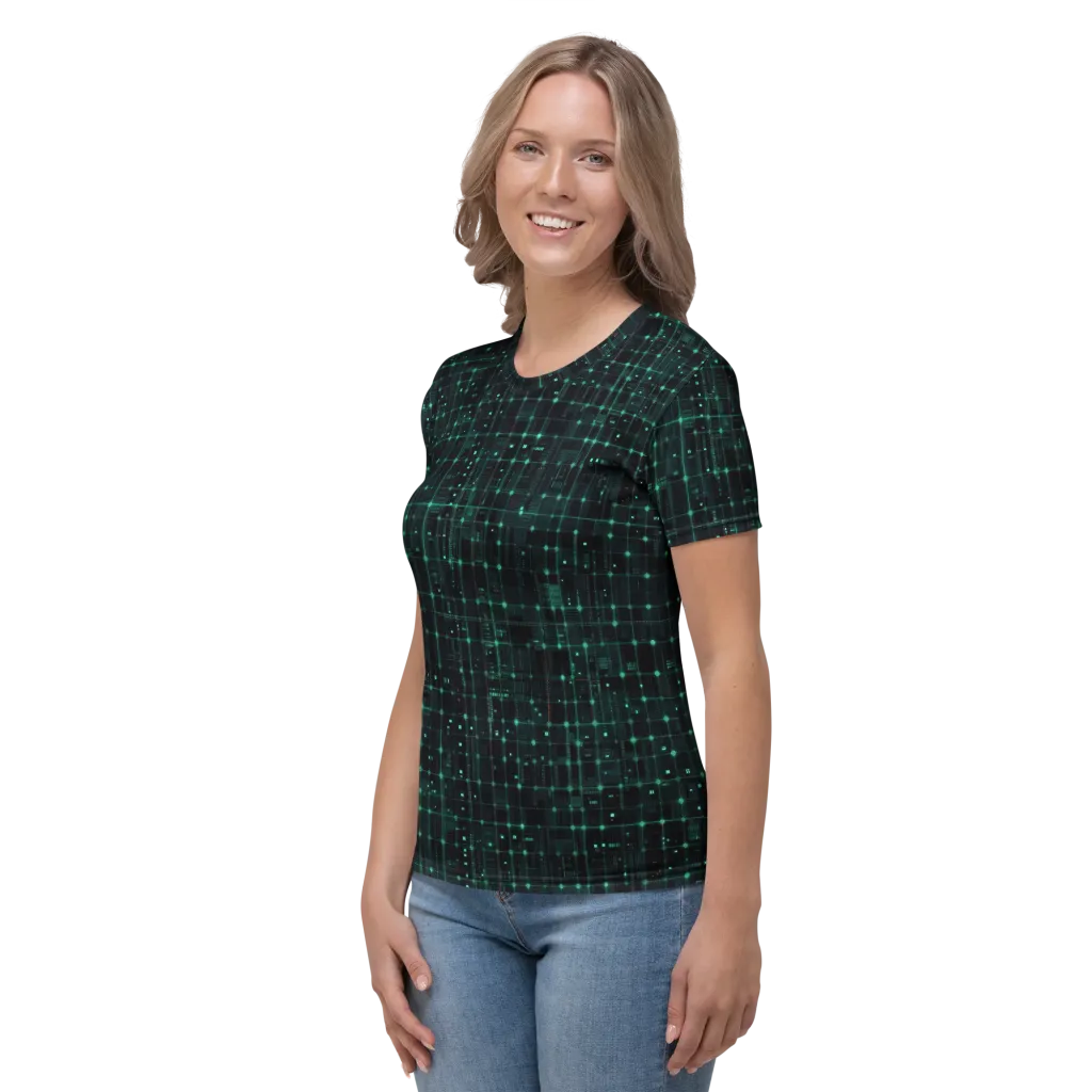 Neon Matrix on Women's Crew Neck T-Shirt — Left sleeve