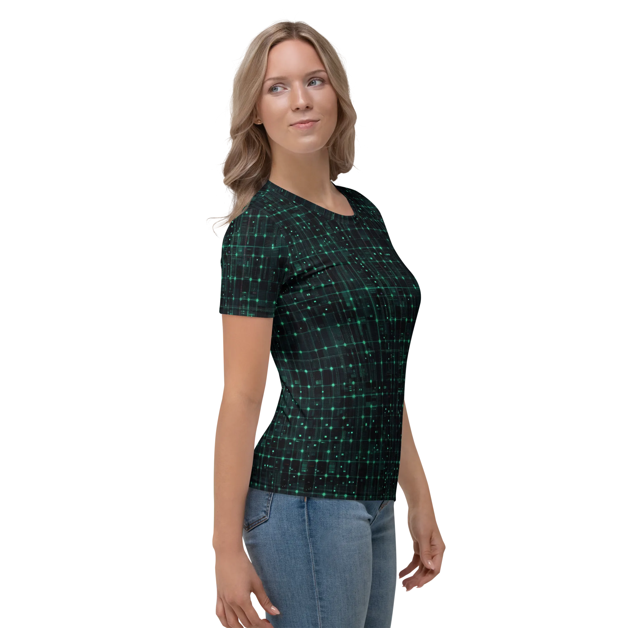 Neon Matrix on Women's Crew Neck T-Shirt — Right sleeve