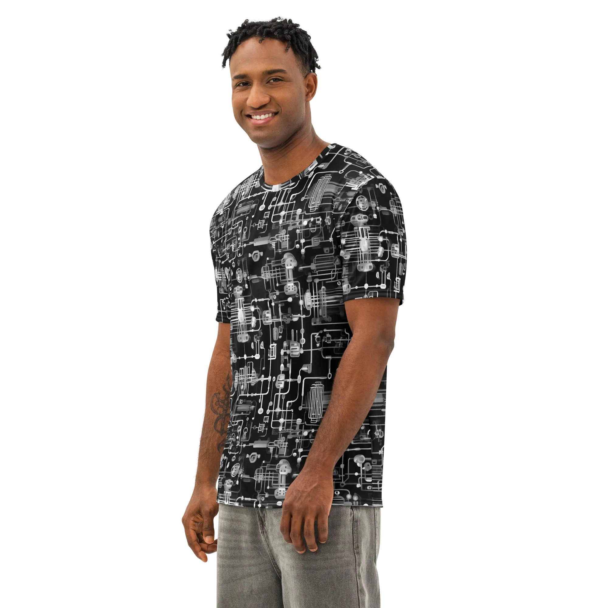 Noir Circuit on Men's Cotton Crew Neck T-Shirt — Left Front