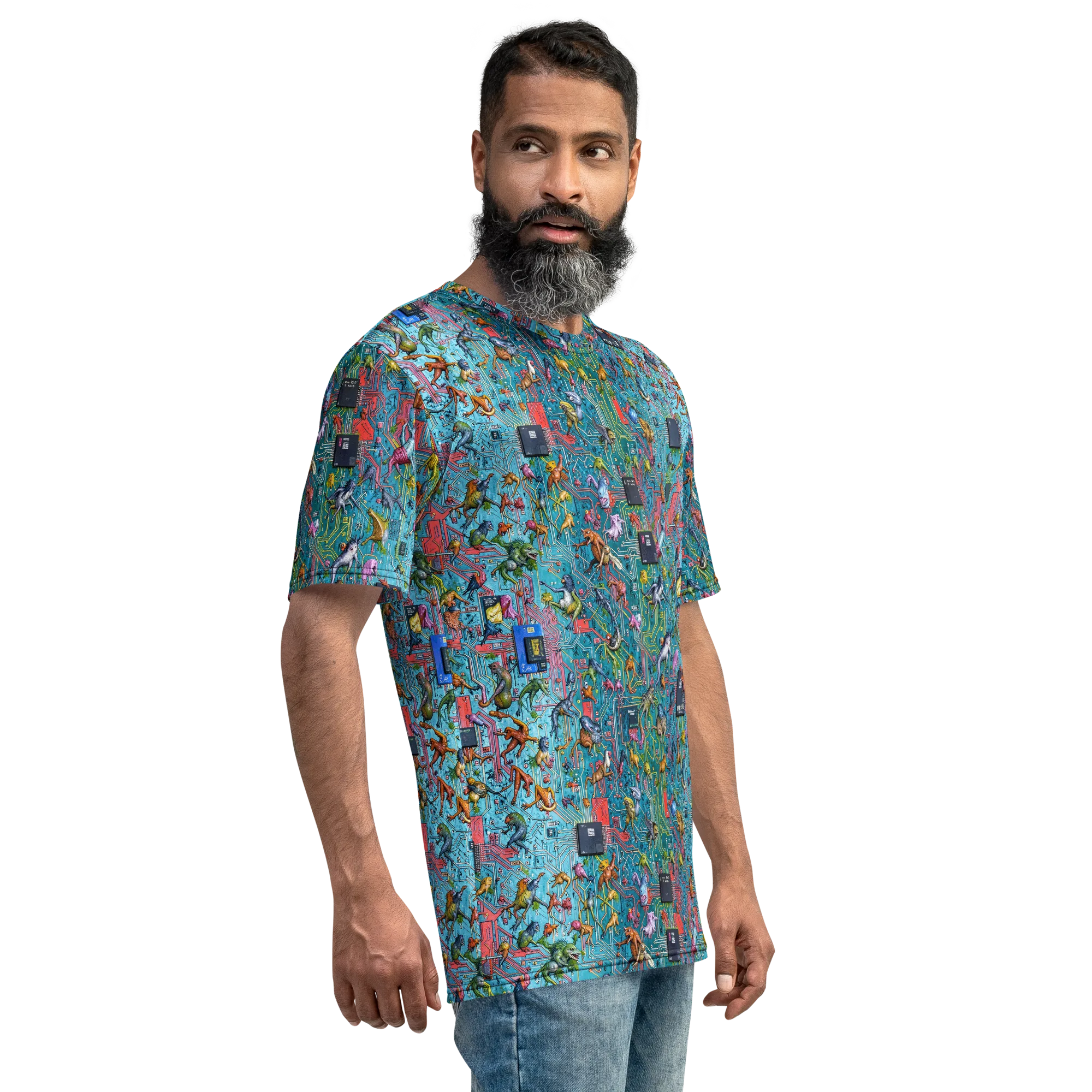 Circuit Menagerie on Men's Crew Neck T-Shirt — Right sleeve