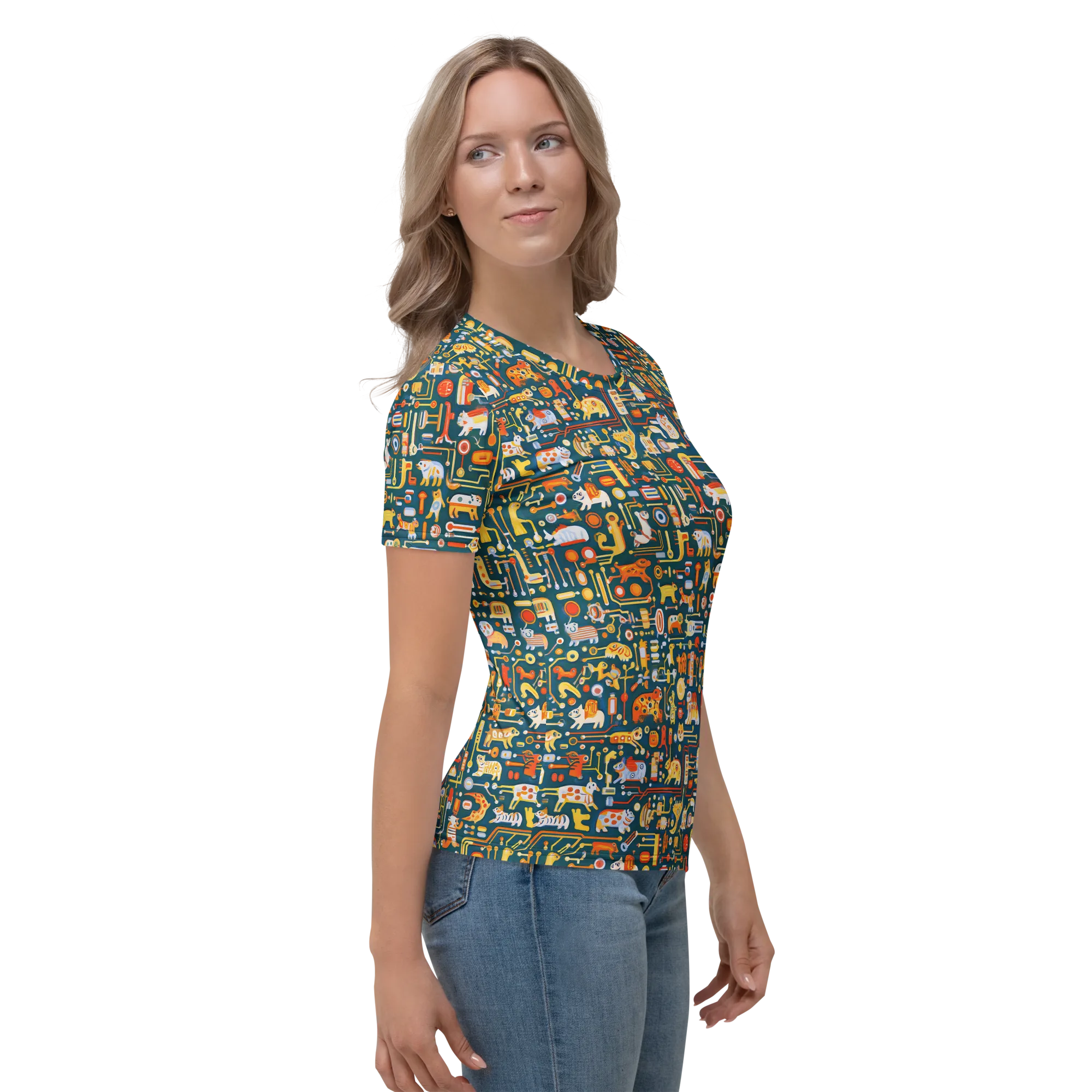 Circuit Critters on Women's Crew Neck T-Shirt — Right sleeve